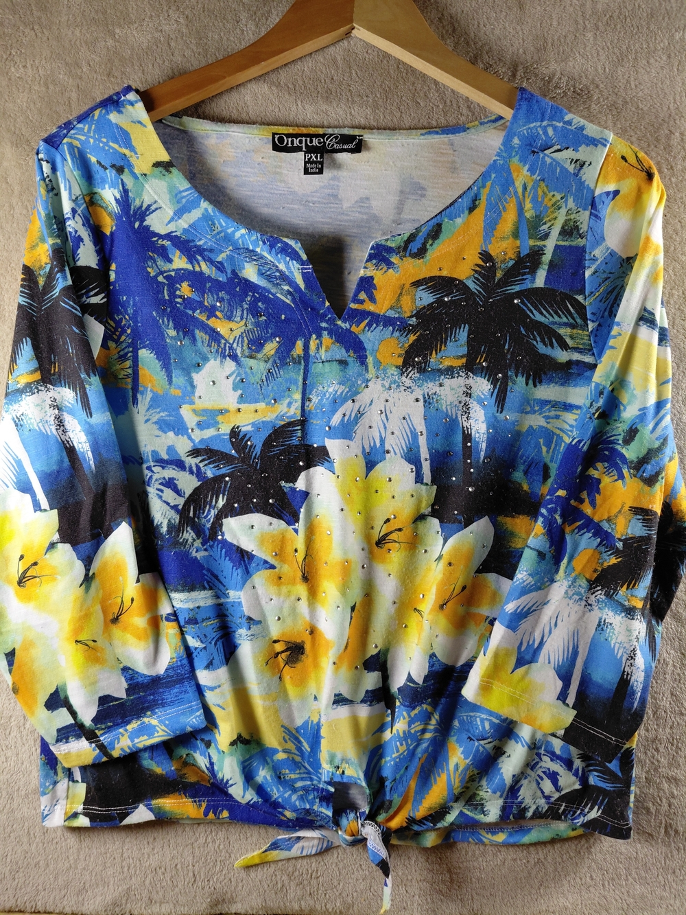 Onque Casuals Blue & Yellow Tropical Floral Tie-Hem Women's Top PXL A149